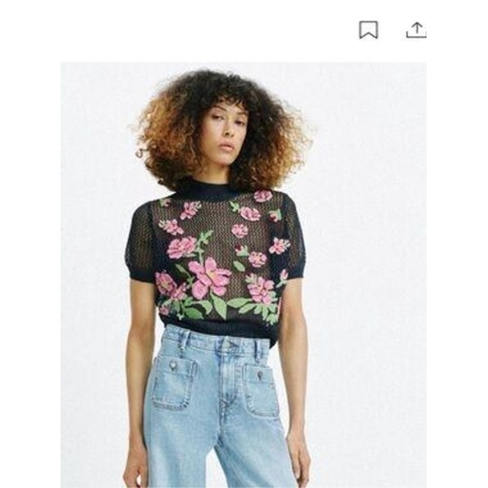Zara Mesh Floral Sweater Womens L Navy Blue Embroidered Short Sleeve Top